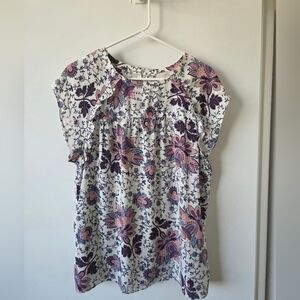 LOFT Outlet Floral Print, Sleeveless Cap Sleeves Crepe Blouse (Size Large)